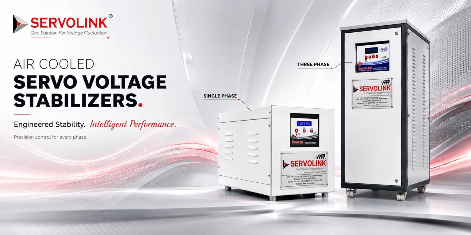 SERVOLINK Air-Cooled Servo Voltage Stabilizers showing single-phase and three-phase models