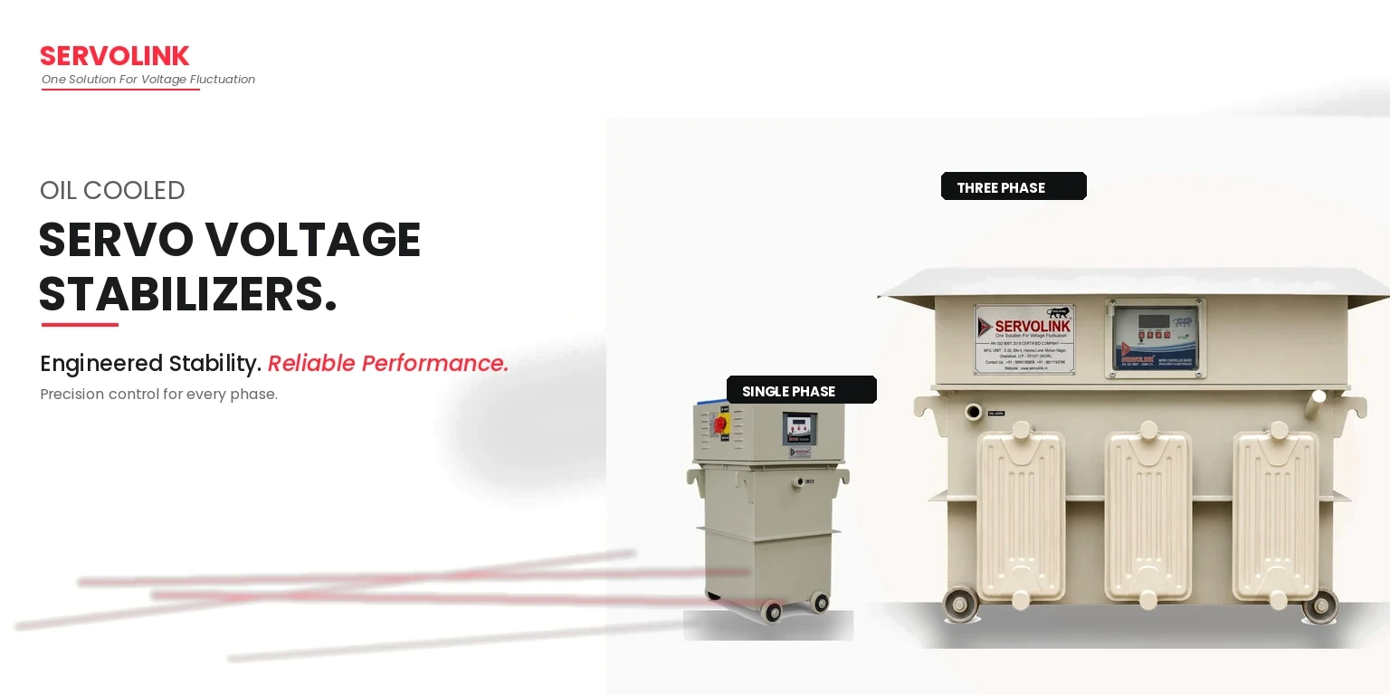 SERVOLINK Oil-Cooled Servo Voltage Stabilizers showing single-phase and three-phase models